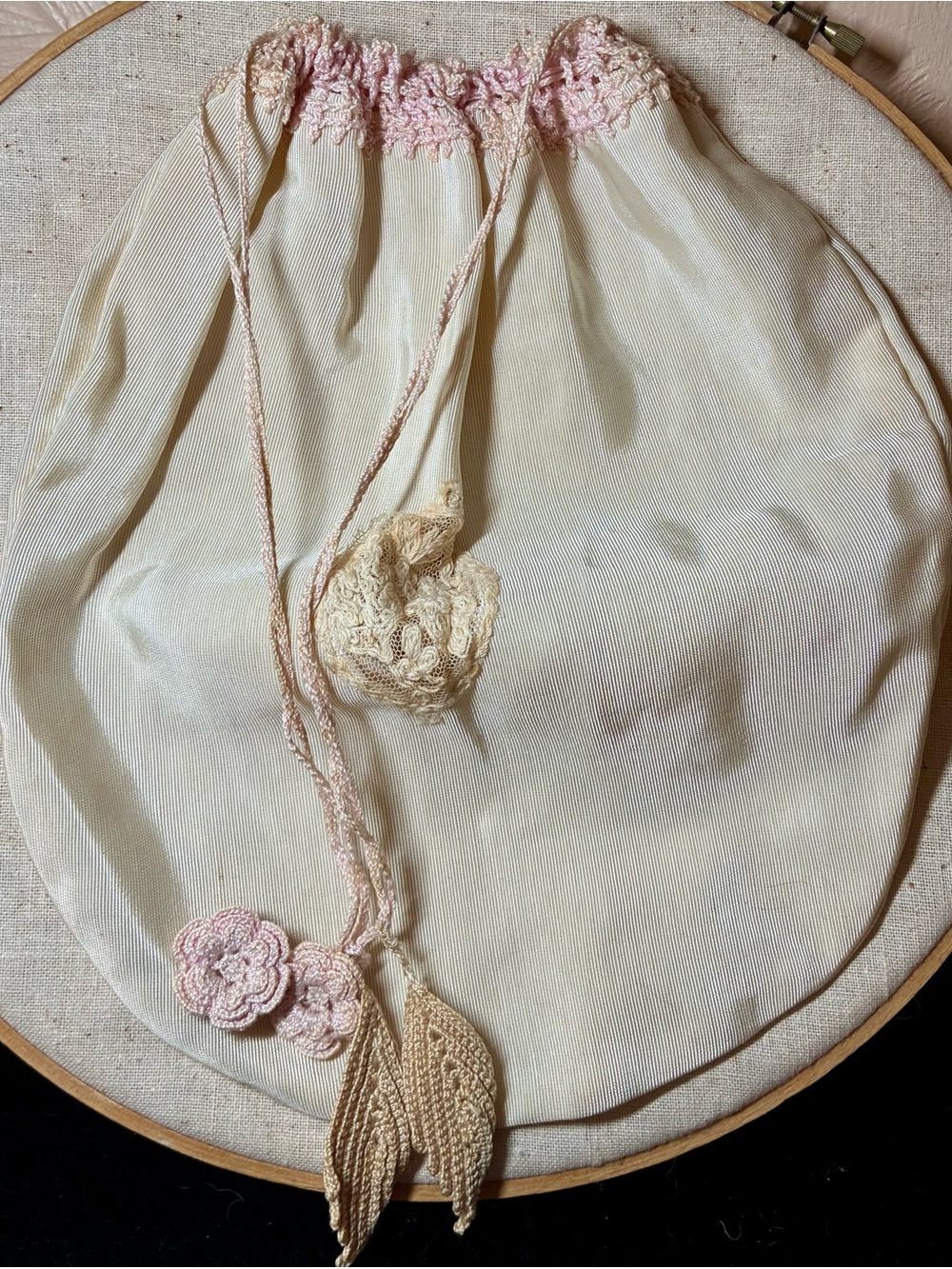 Antique Cream Drawstring Crochet Flower Evening Bag with Pink Trim handmade